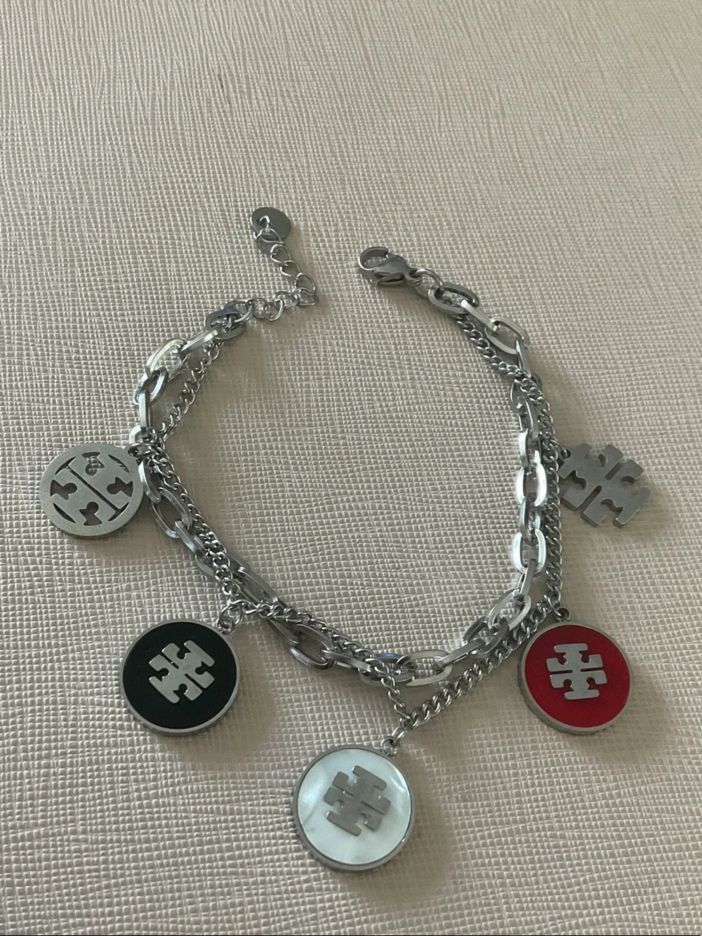 Tory Burch Silver Chain Bracelet with Red, White & Black Enamel Charms